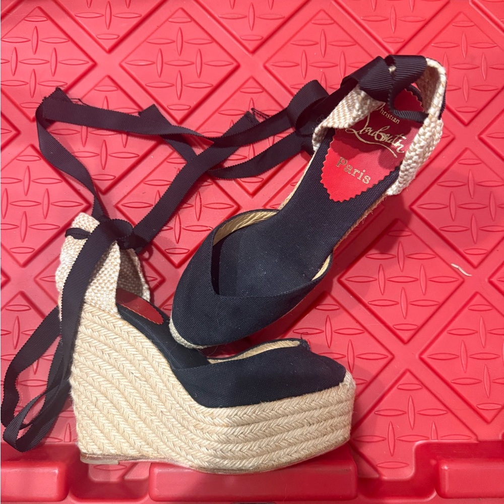 Christian Louboutin Black and Cream Wedge Espadrilles